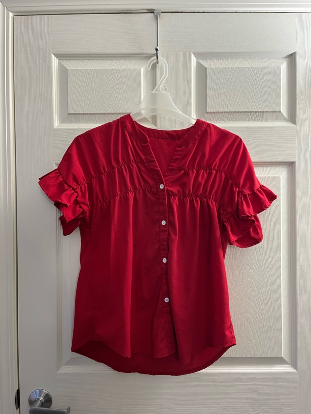 Women’s Red Ruffle Sleeve Button-Front Top
